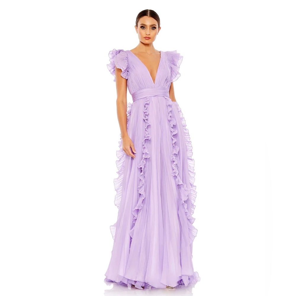 Mac Duggal Pleated Ruffle Cap Sleeve Flowy A Line Gown - Lilac Size 6